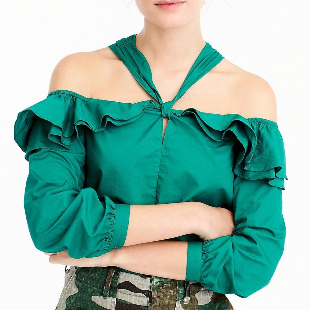 J. Crew Off-the-shoulder Tie-neck Top Warm Jade 2P